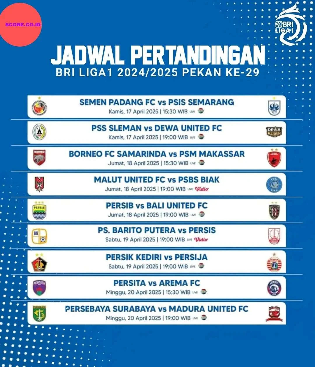 Jadwal Super League Pekan ke-29: Persib Tantang Arema, Borneo Gelar Serangan ke Semen Padang