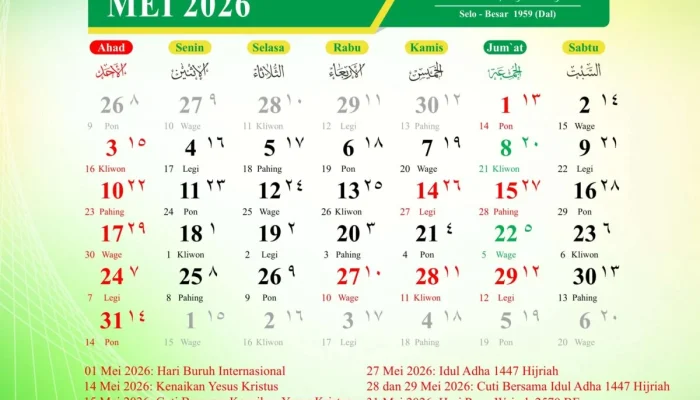 Kalender Mei 2026: Semua Libur Nasional, Cuti Bersama, dan Weton Jawa dalam Satu Panduan Lengkap