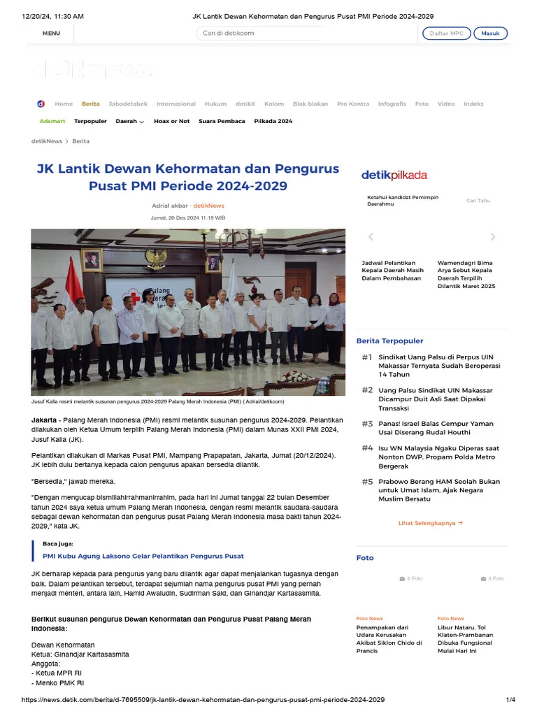 JK Lantik Dewan Kehormatan dan Pengurus Pusat PMI Periode 2024-2029