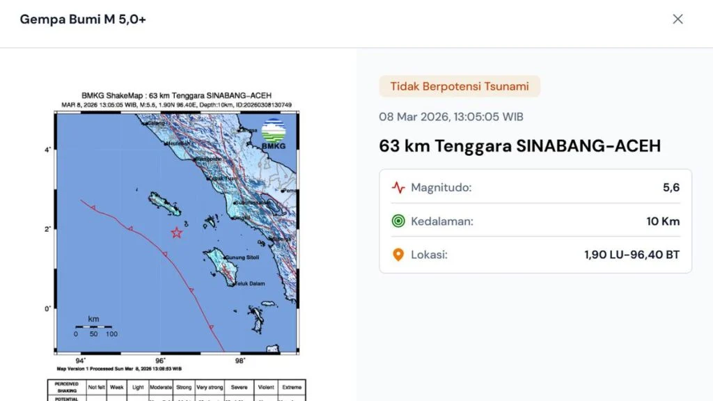 Gempa M5,5 Guncang Aceh, BMKG Pastikan Tidak Berpotensi Tsunami